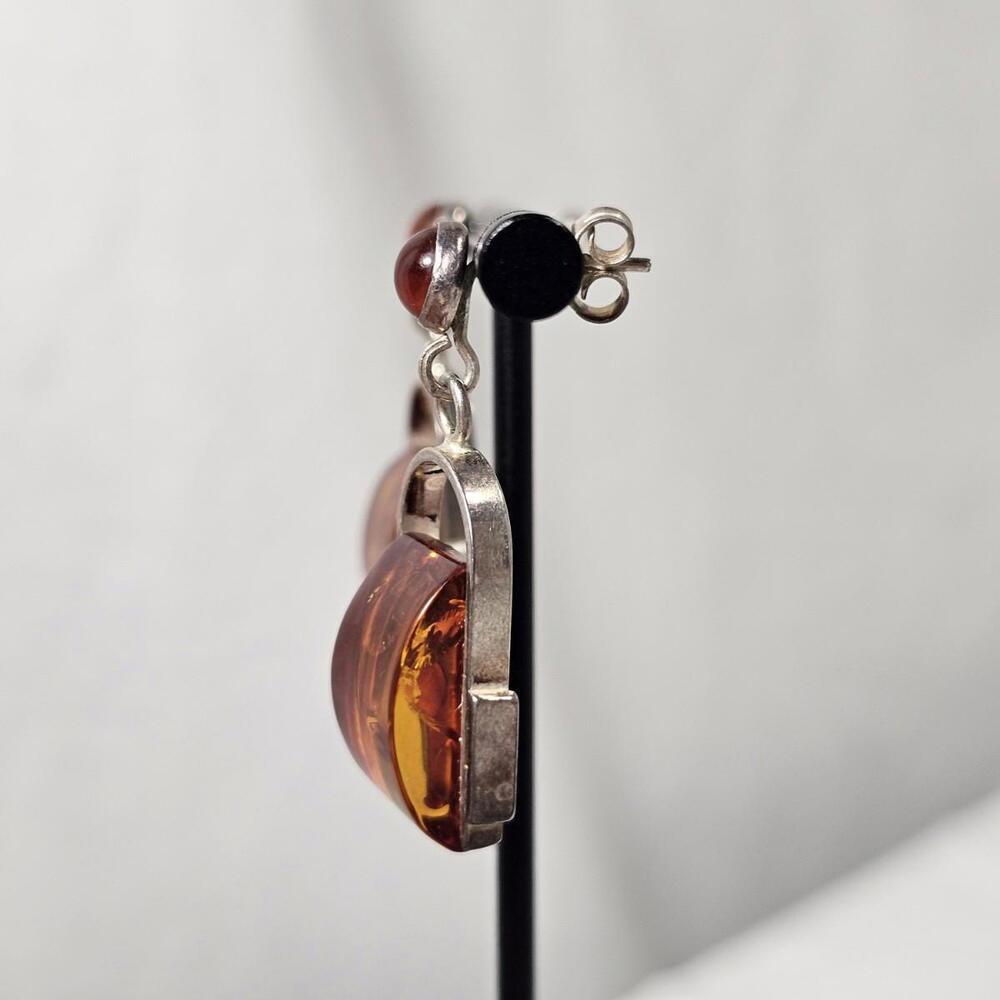 Vintage Sterling Silver Genuine Amber Stone Tube Bar Jar Dangling Stud Earrings - Picture 4 of 10